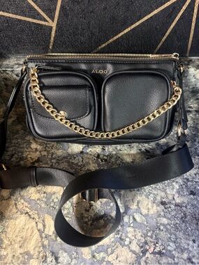 ALDO Black Pebbled Crossbody with Gold Chain